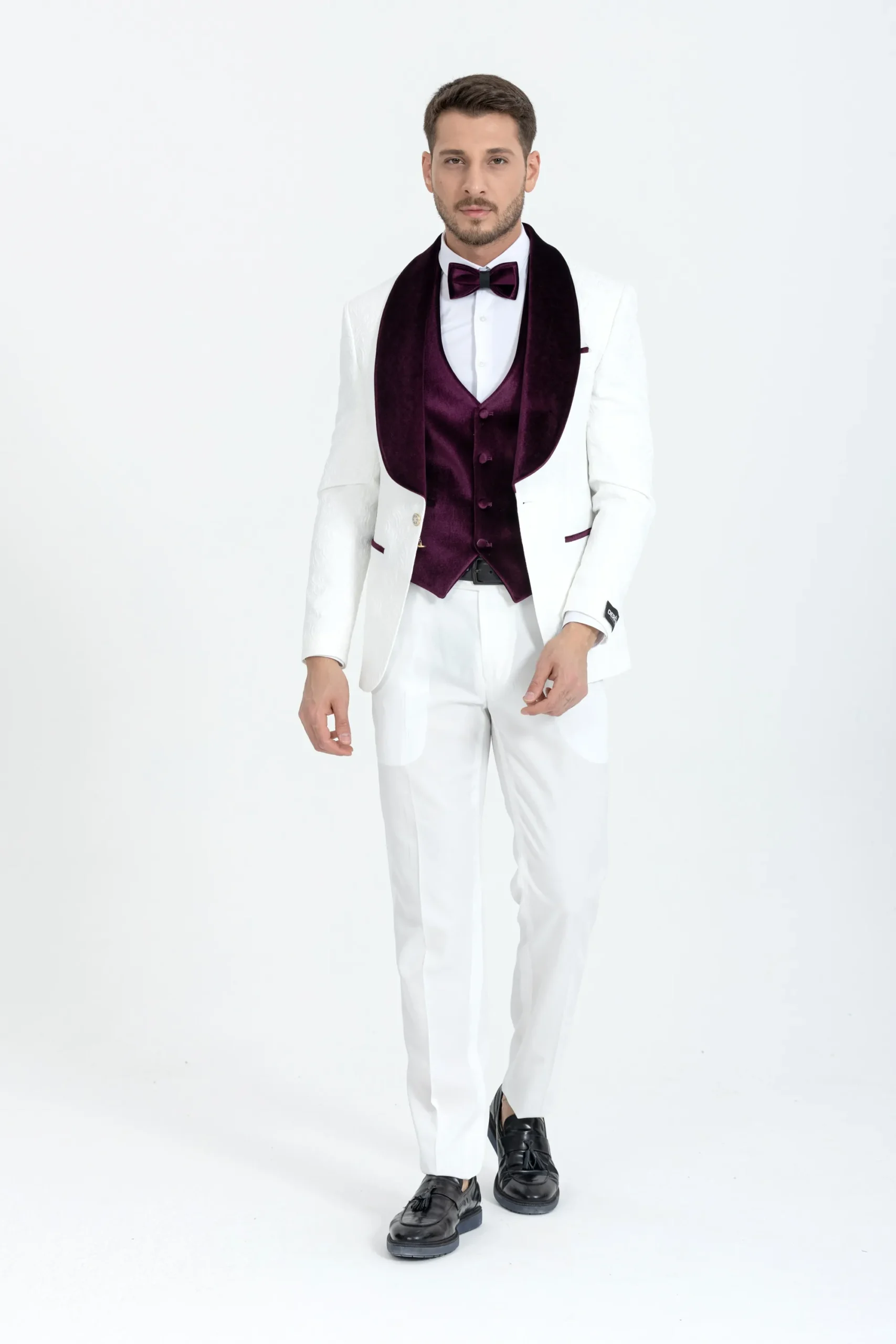 Burgundy Luxury Floral Textured Velvet Collar Three Piece Tuxedo