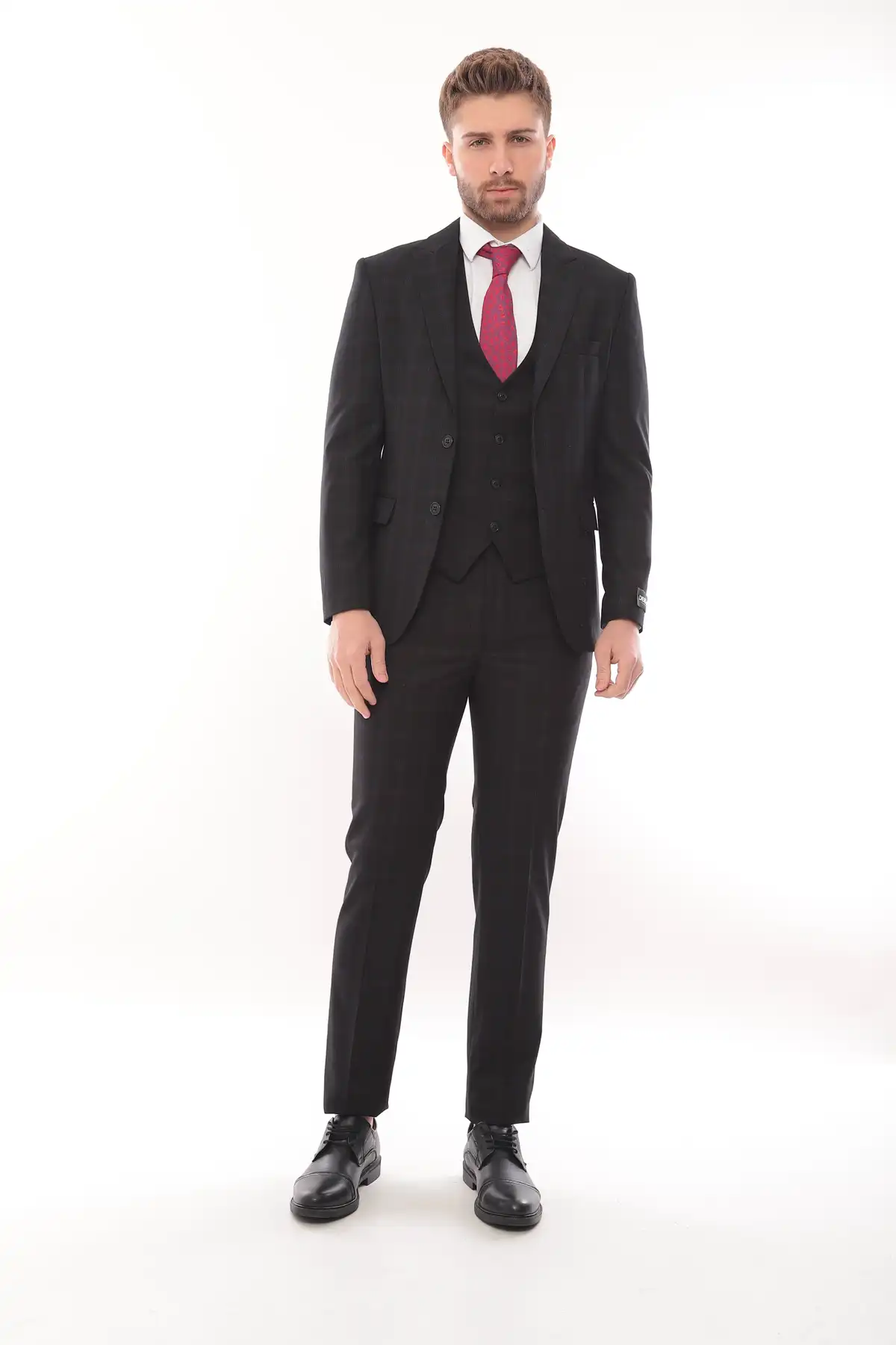 Black Square Patterned Fabric Three Piece Suit