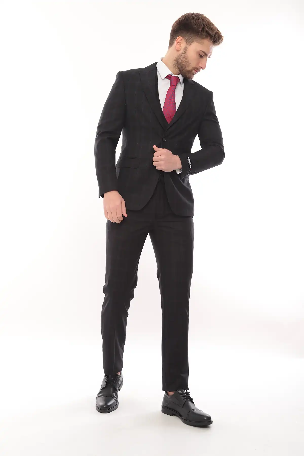 Black Square Patterned Fabric Three Piece Suit