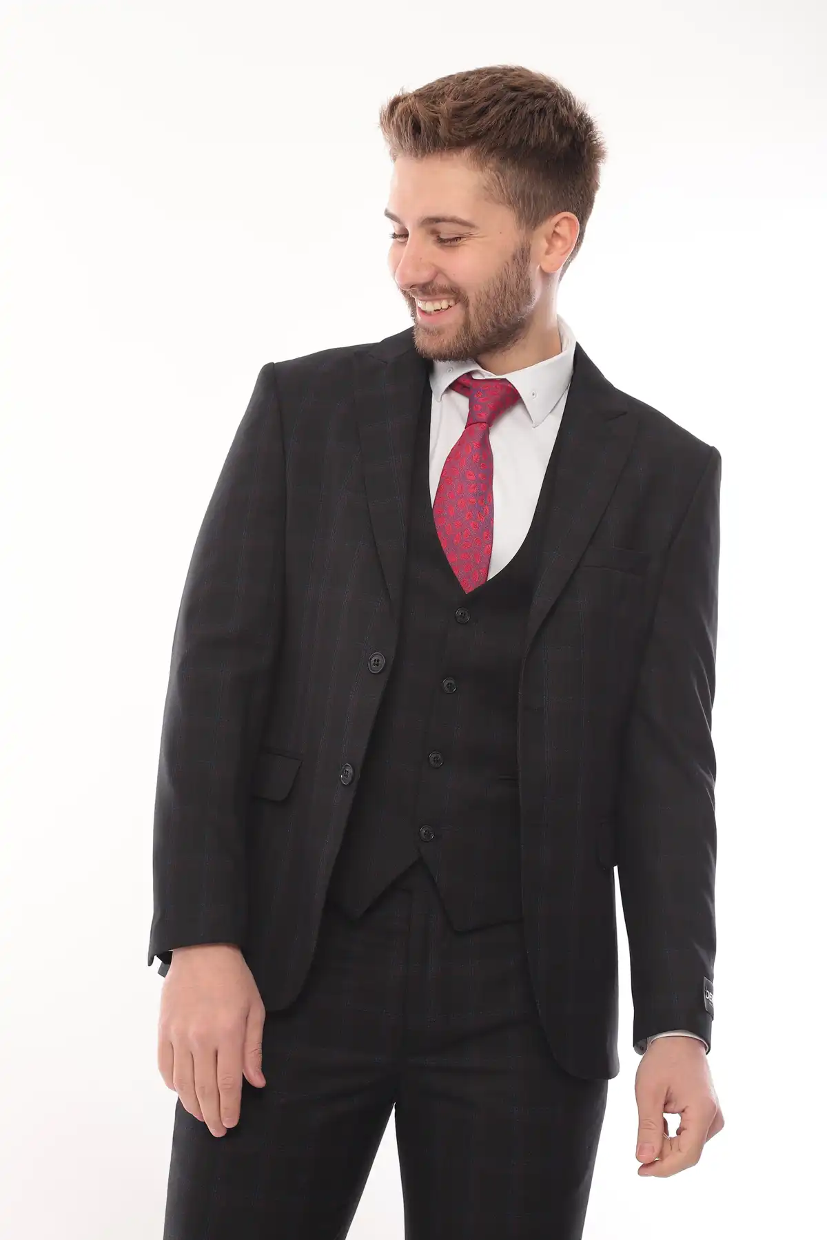 Black Square Patterned Fabric Three Piece Suit