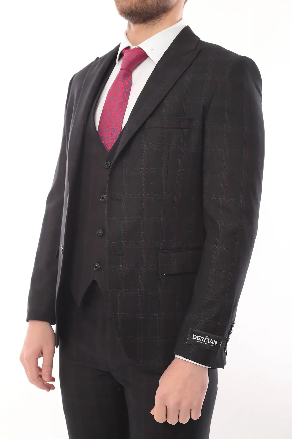 Black Square Patterned Fabric Three Piece Suit
