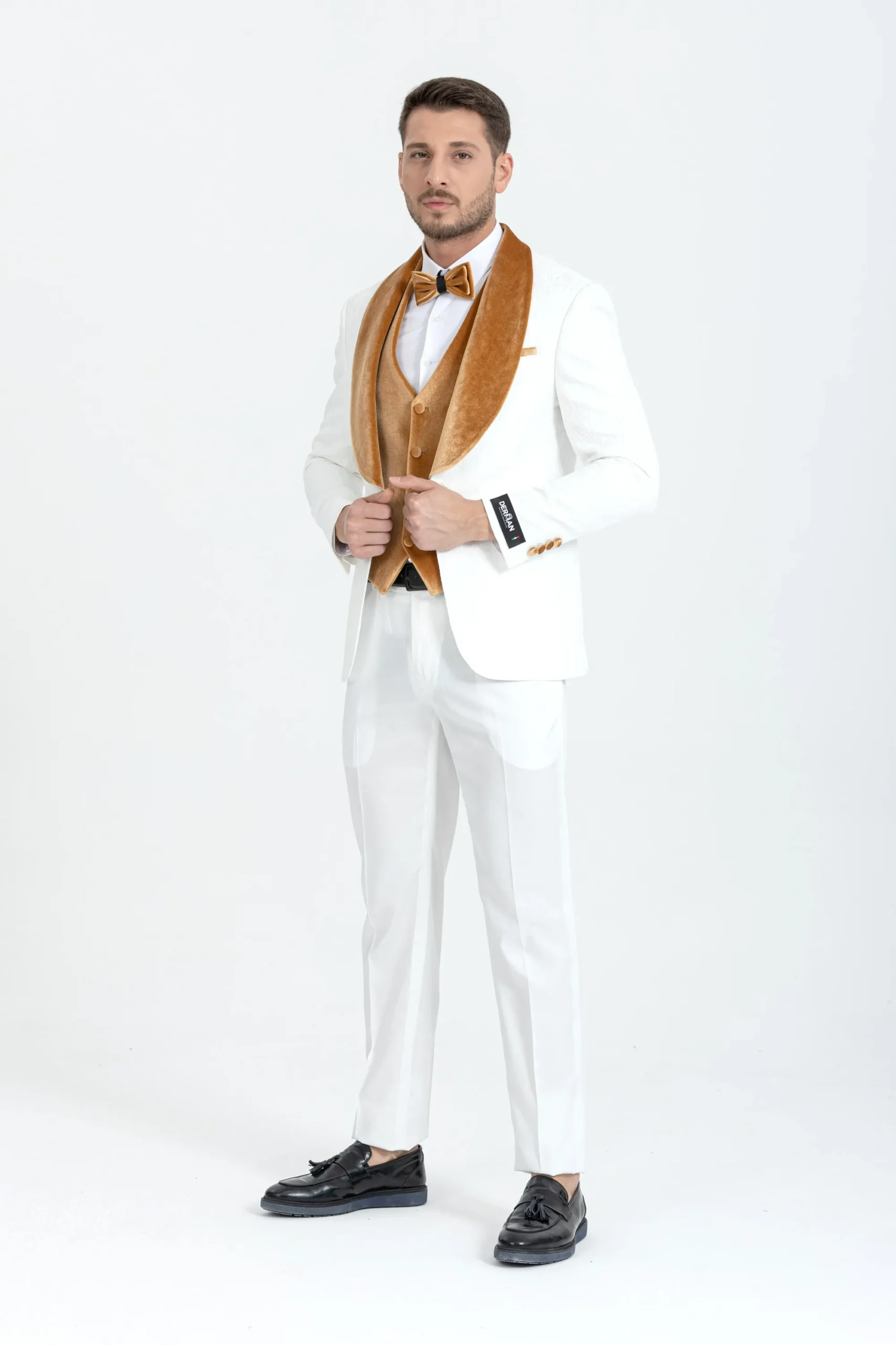 Gold Luxury Floral Textured Velvet Collar Three Piece Tuxedo
