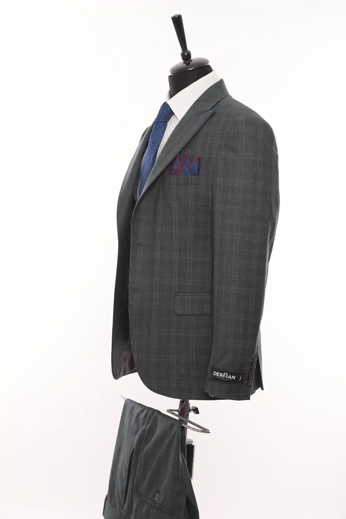 Grey Square Patterned Fabric Three Piece Suit