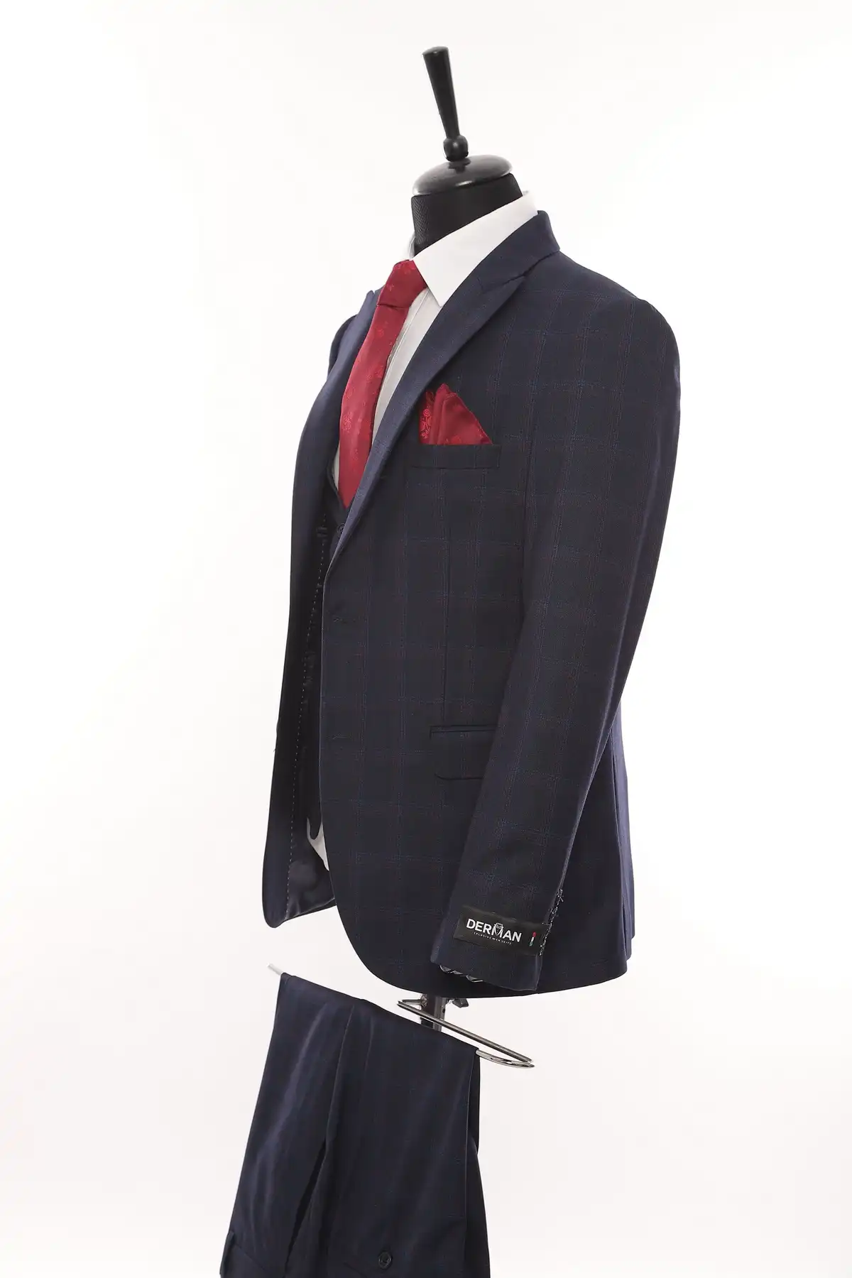 Navy Square Patterned Fabric Three Piece Suit