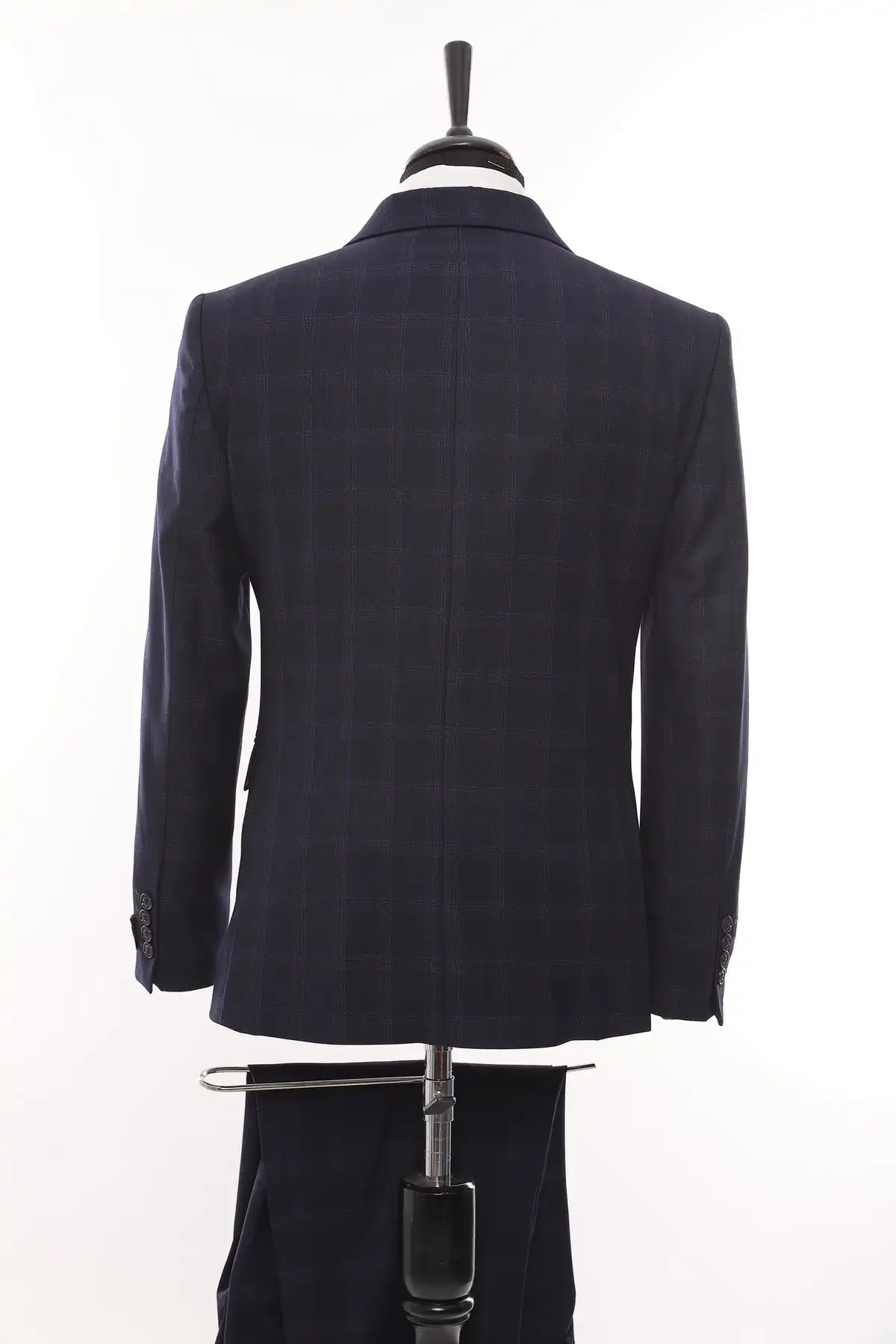 Navy Square Patterned Fabric Three Piece Suit