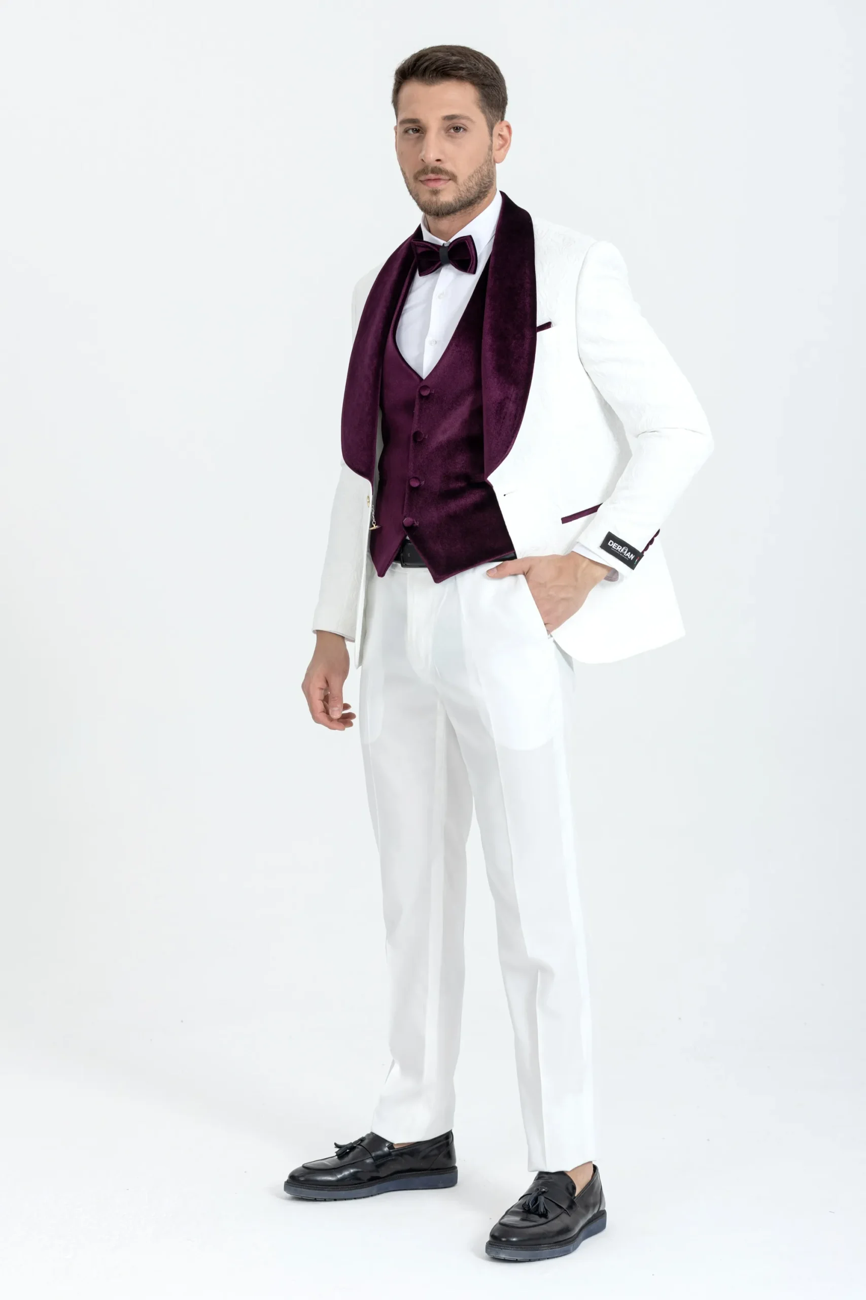 Burgundy Luxury Floral Textured Velvet Collar Three Piece Tuxedo