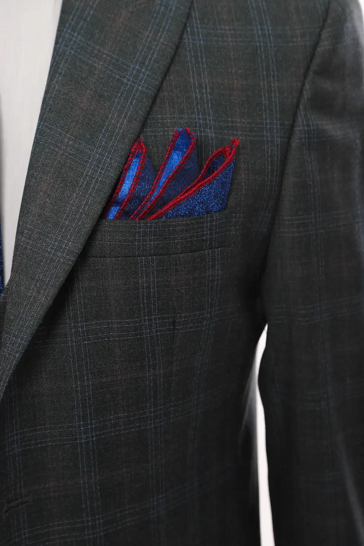 Grey Square Patterned Fabric Three Piece Suit