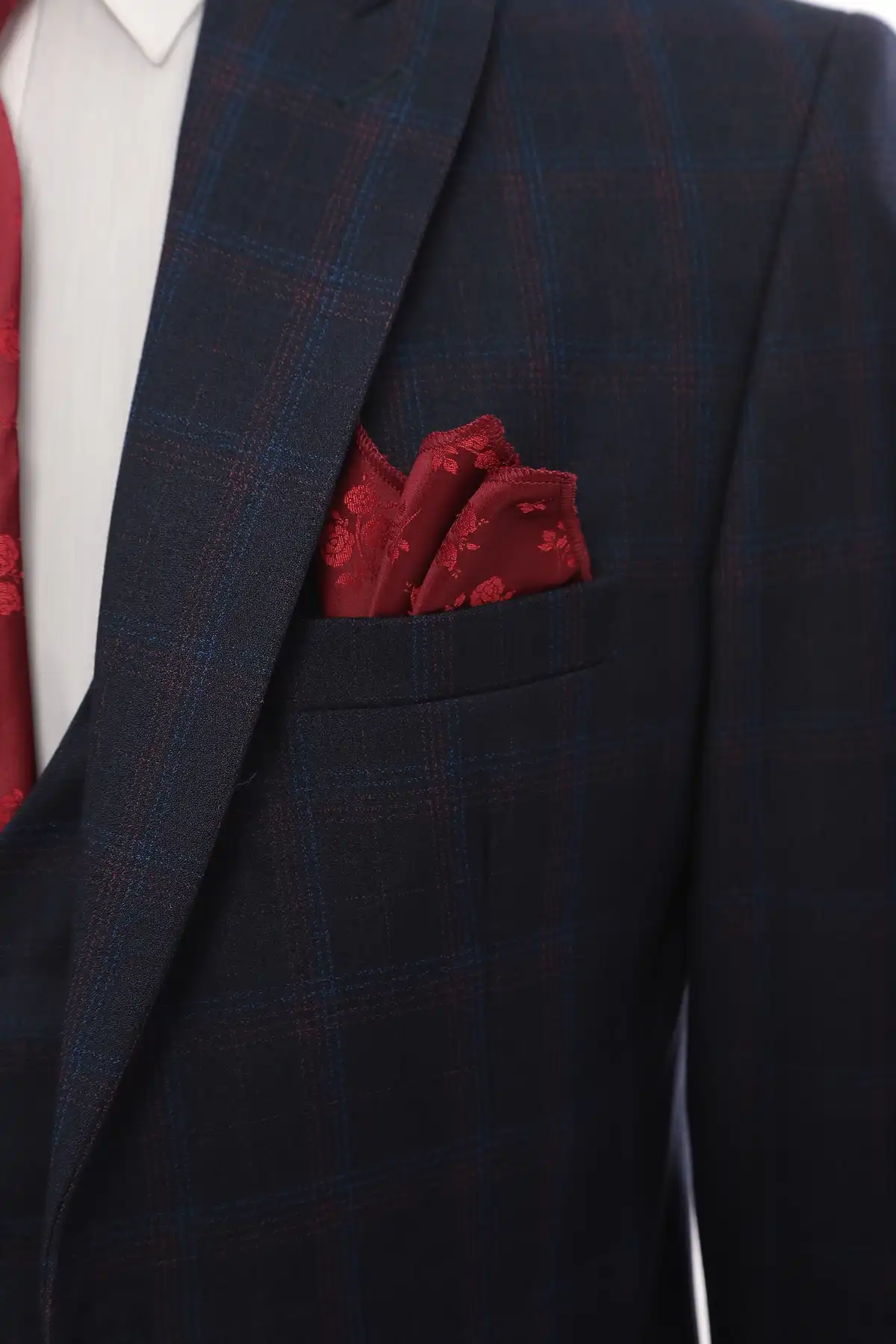 Navy Square Patterned Fabric Three Piece Suit