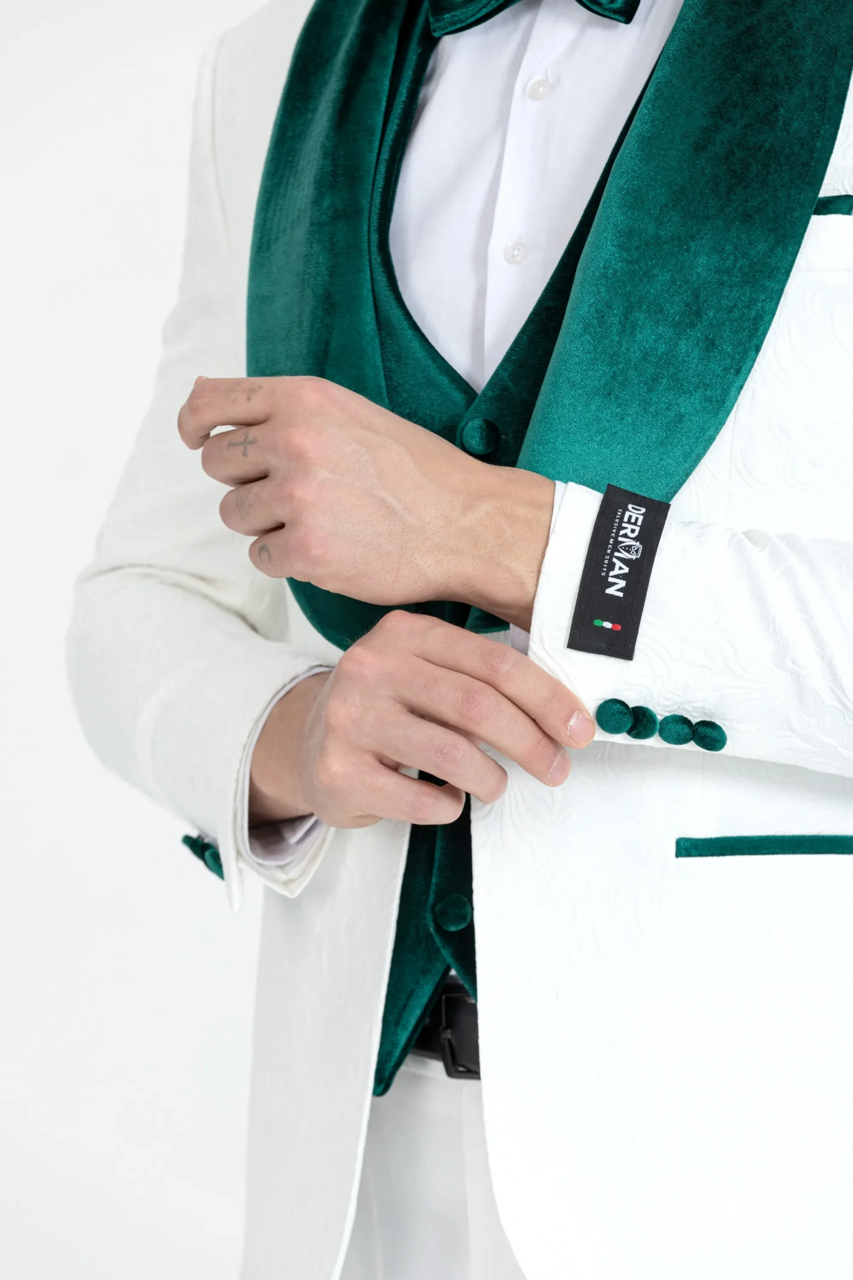 Green Luxury Floral Textured Velvet Collar Three Piece Tuxedo