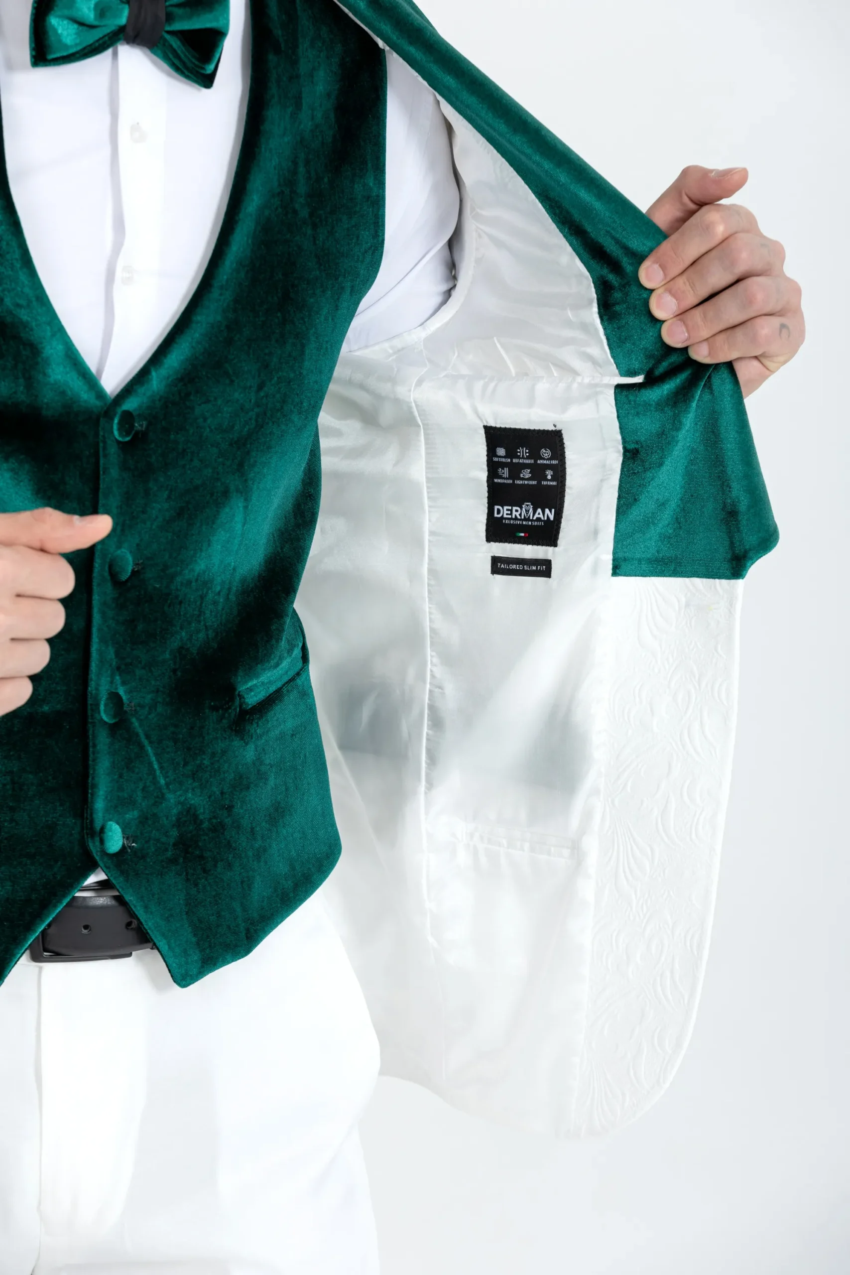 Green Luxury Floral Textured Velvet Collar Three Piece Tuxedo