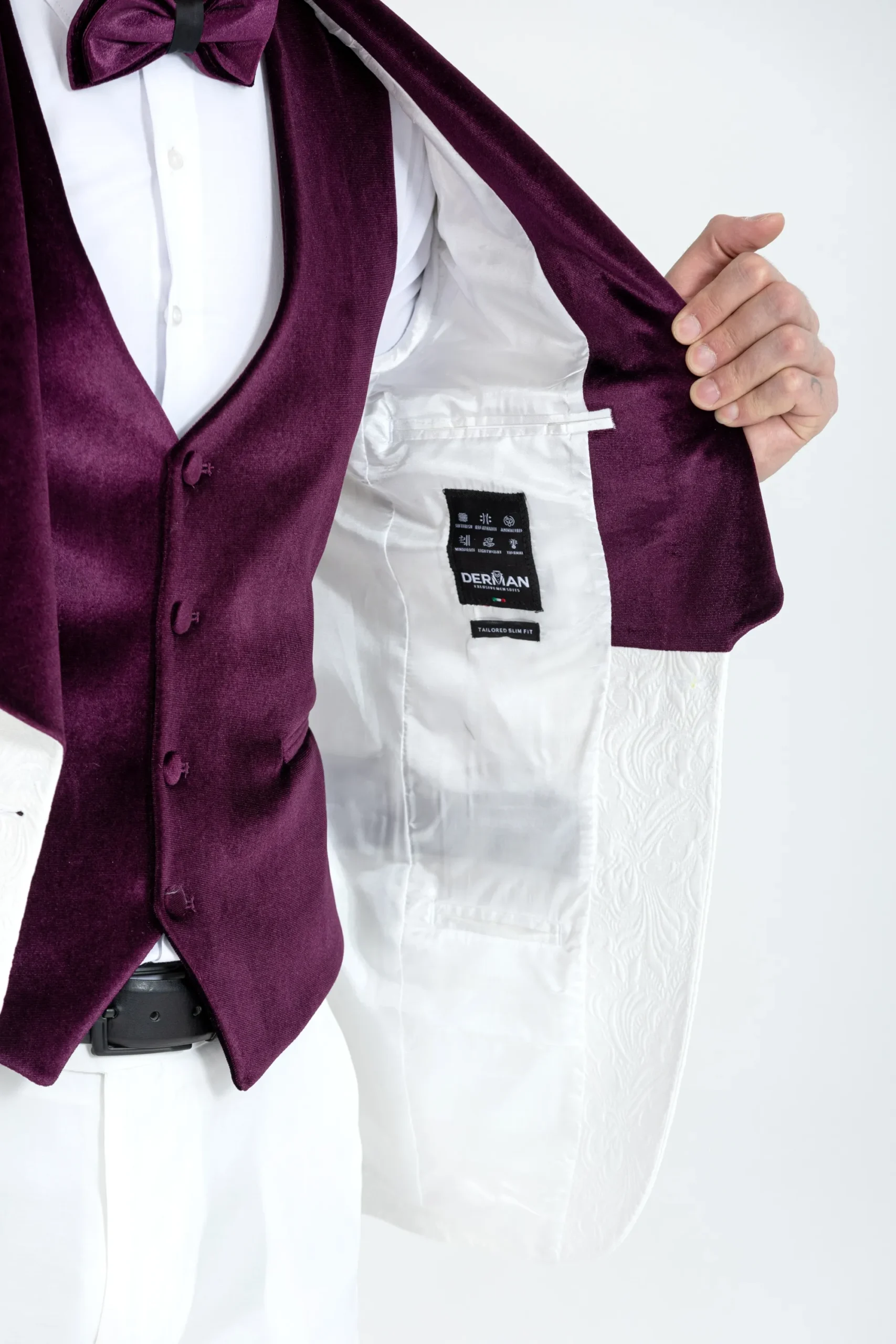 Burgundy Luxury Floral Textured Velvet Collar Three Piece Tuxedo