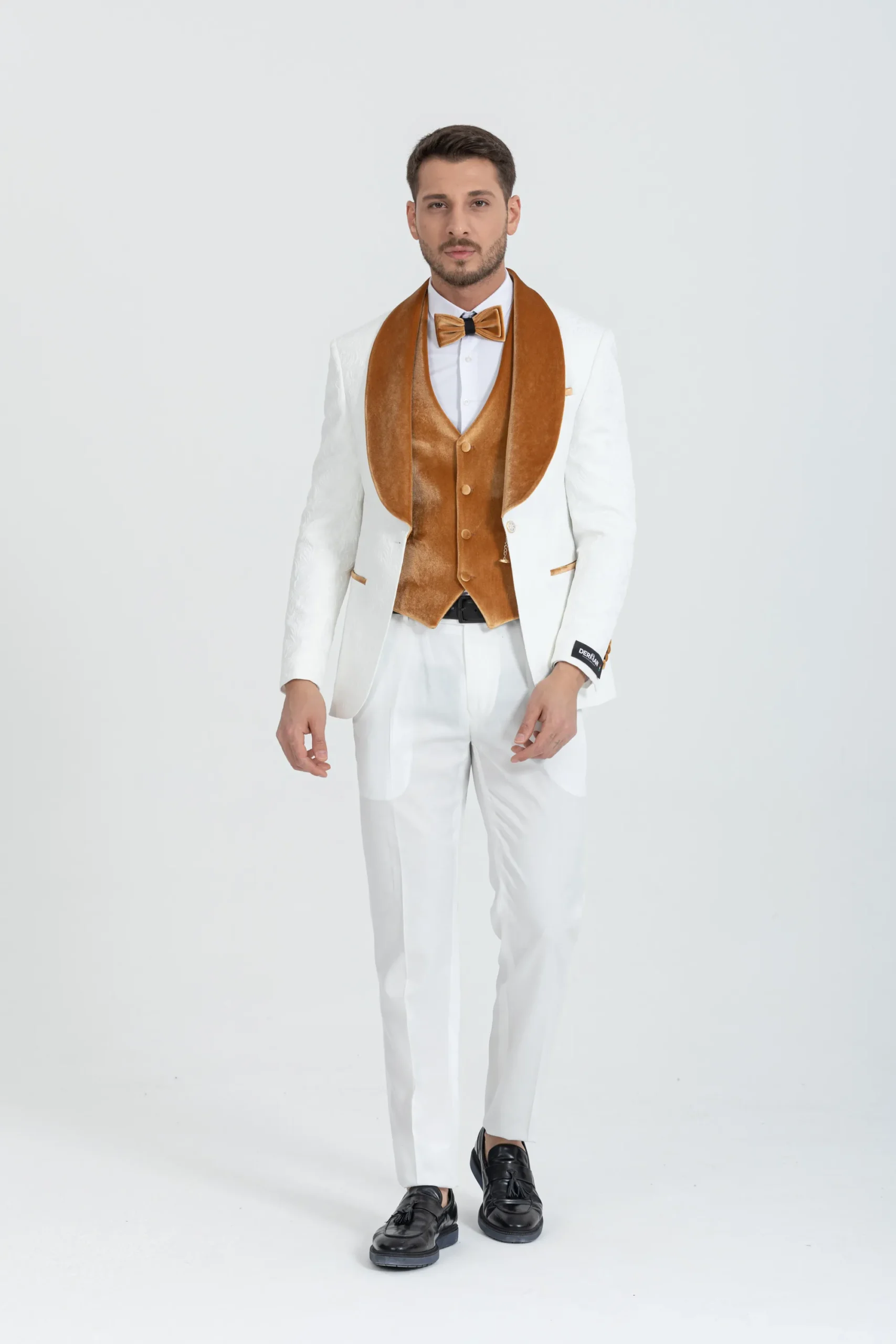 Gold Luxury Floral Textured Velvet Collar Three Piece Tuxedo