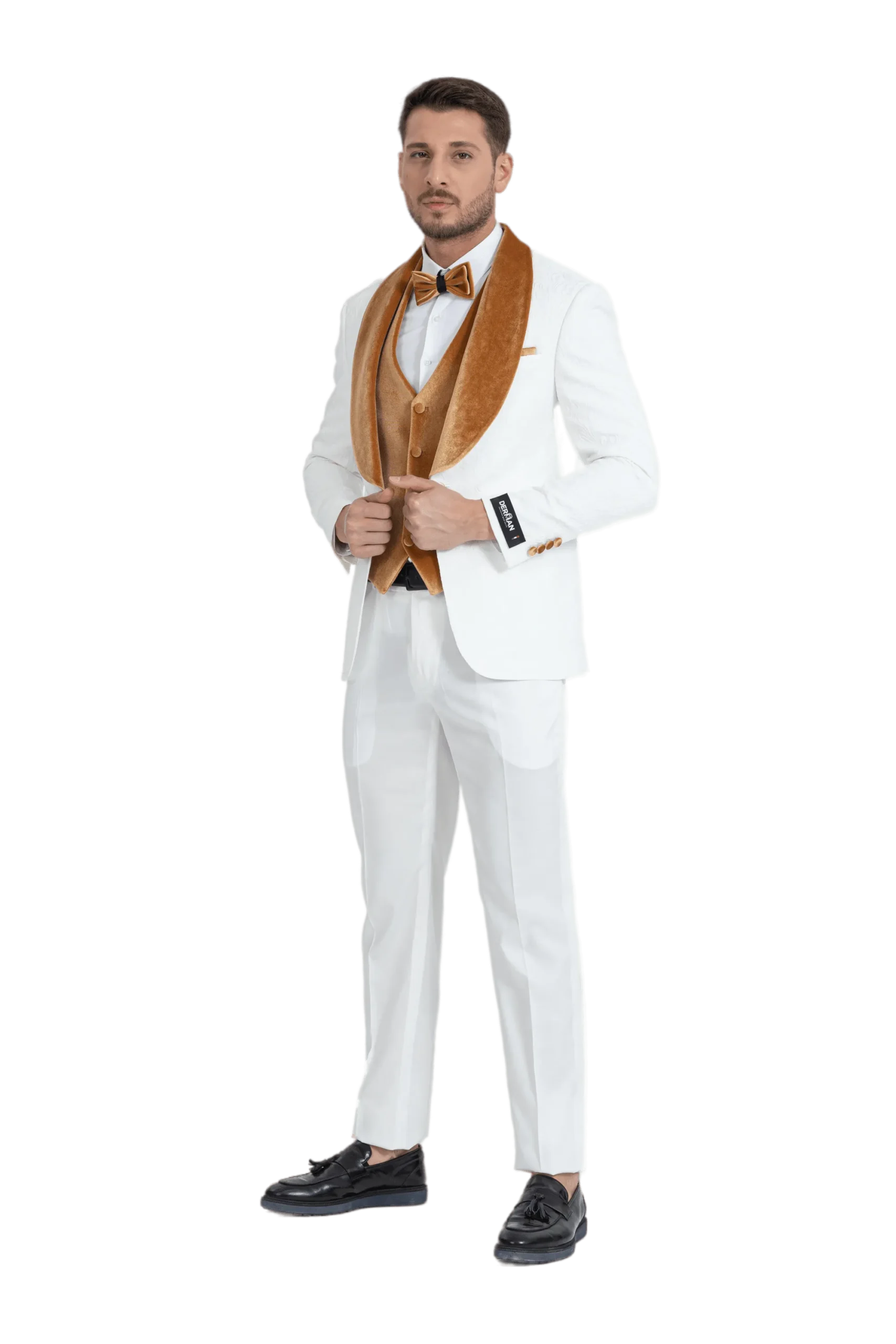 Gold Luxury Floral Textured Velvet Collar Three Piece Tuxedo