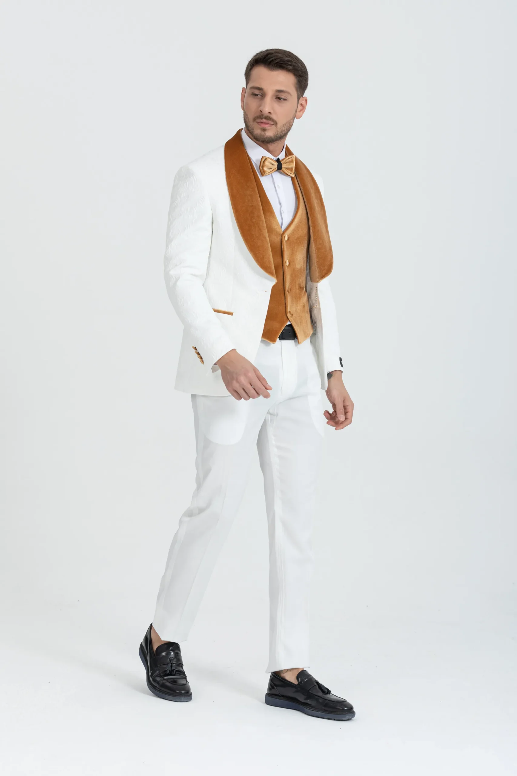 Gold Luxury Floral Textured Velvet Collar Three Piece Tuxedo