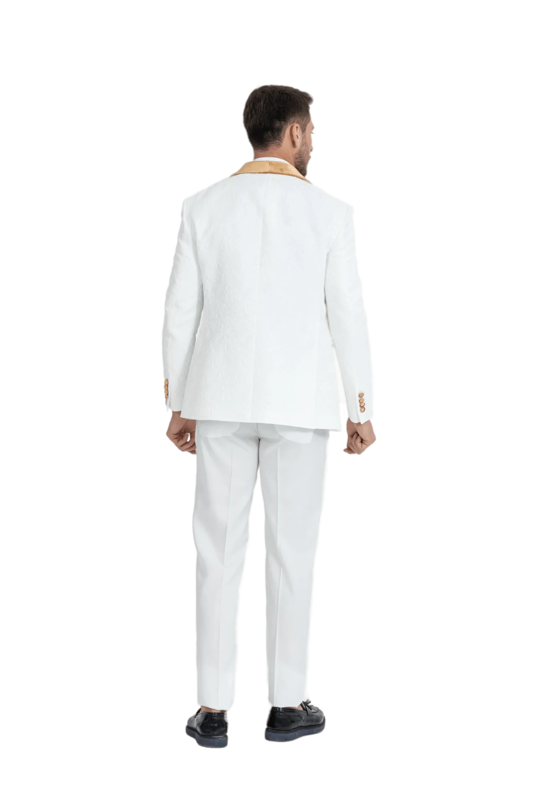 Gold Luxury Floral Textured Velvet Collar Three Piece Tuxedo