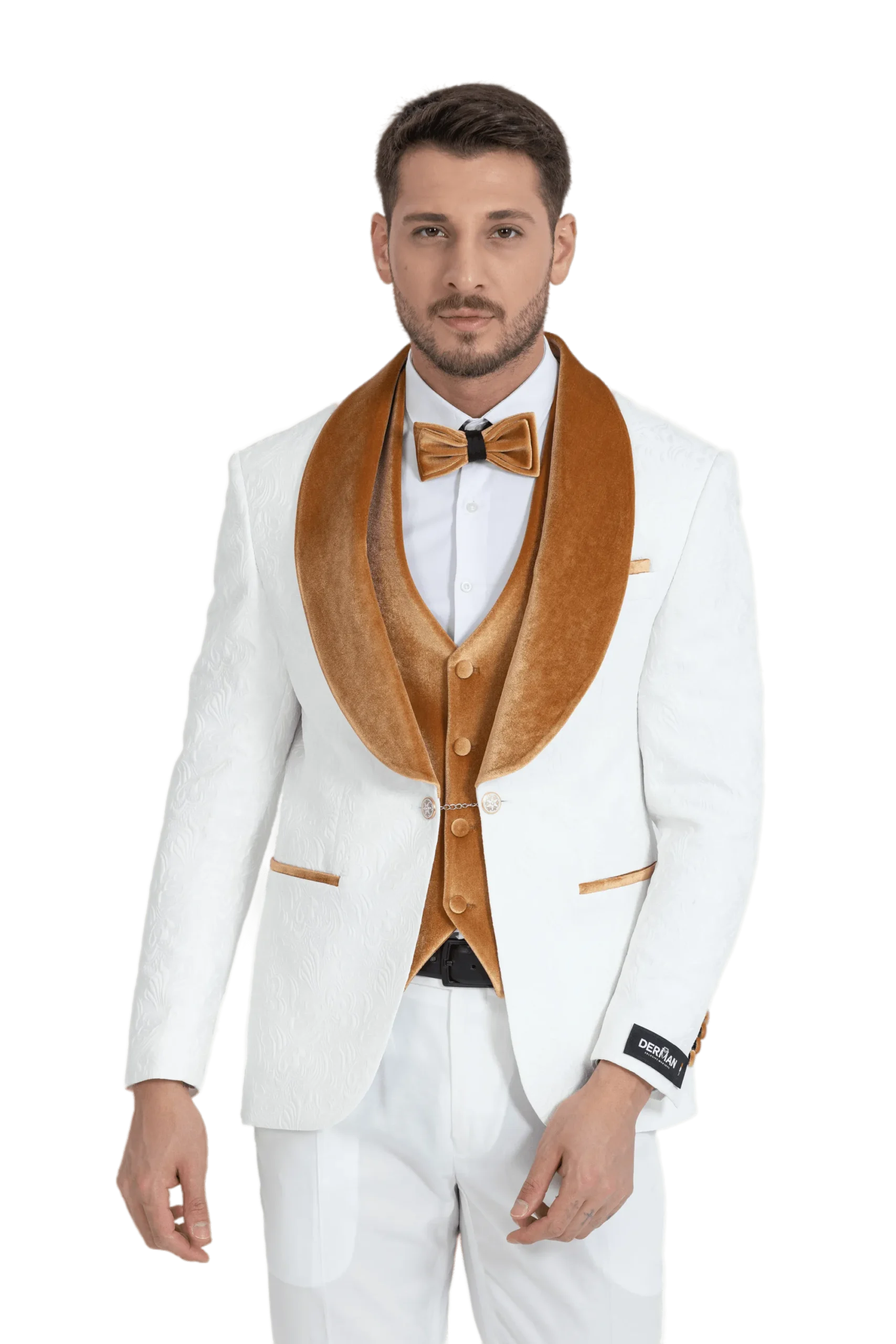 Gold Luxury Floral Textured Velvet Collar Three Piece Tuxedo