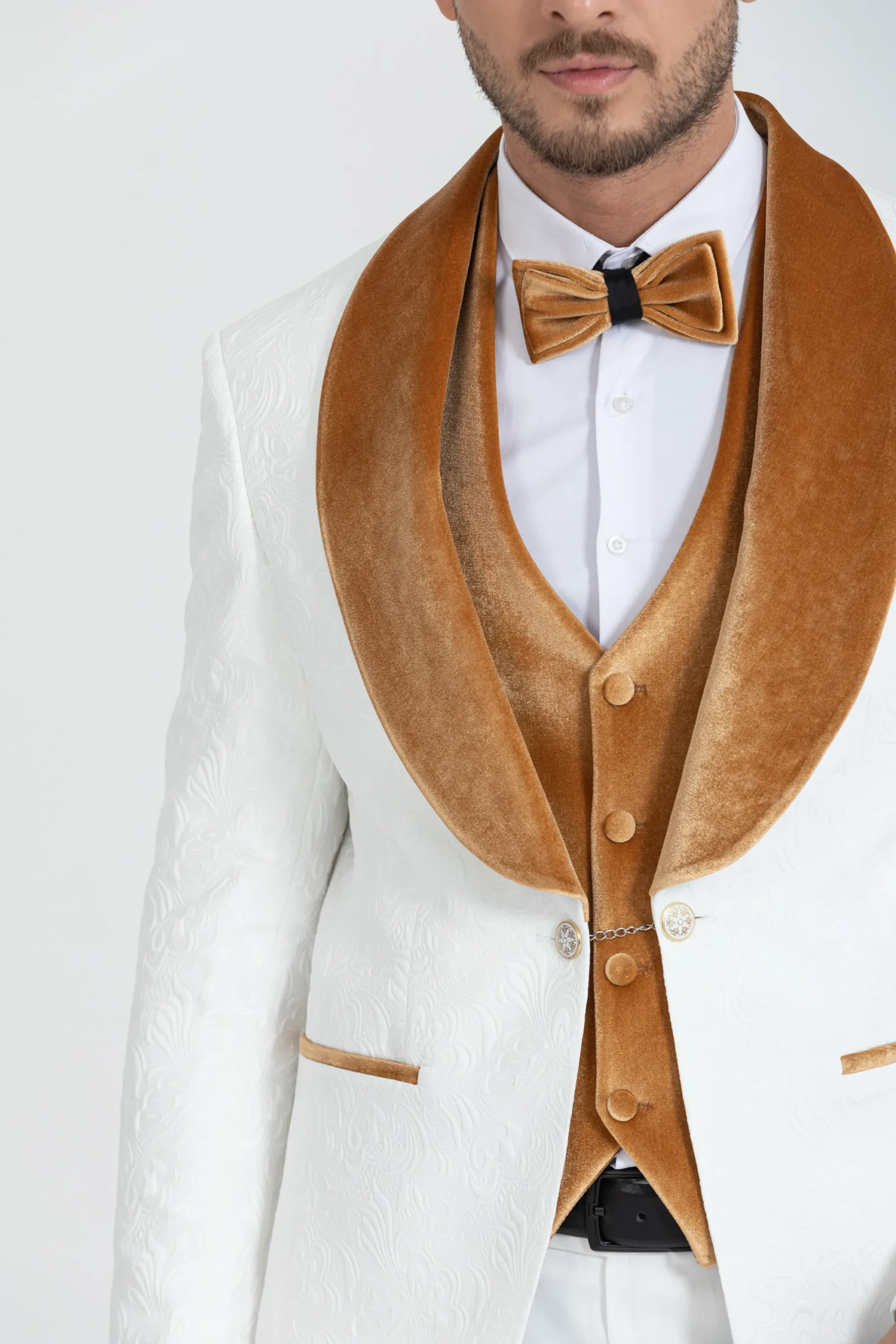Gold Luxury Floral Textured Velvet Collar Three Piece Tuxedo
