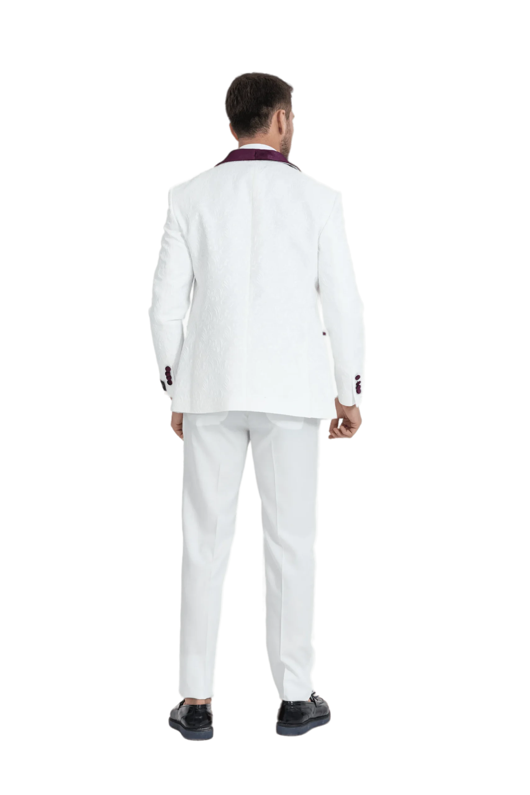 Burgundy Luxury Floral Textured Velvet Collar Three Piece Tuxedo