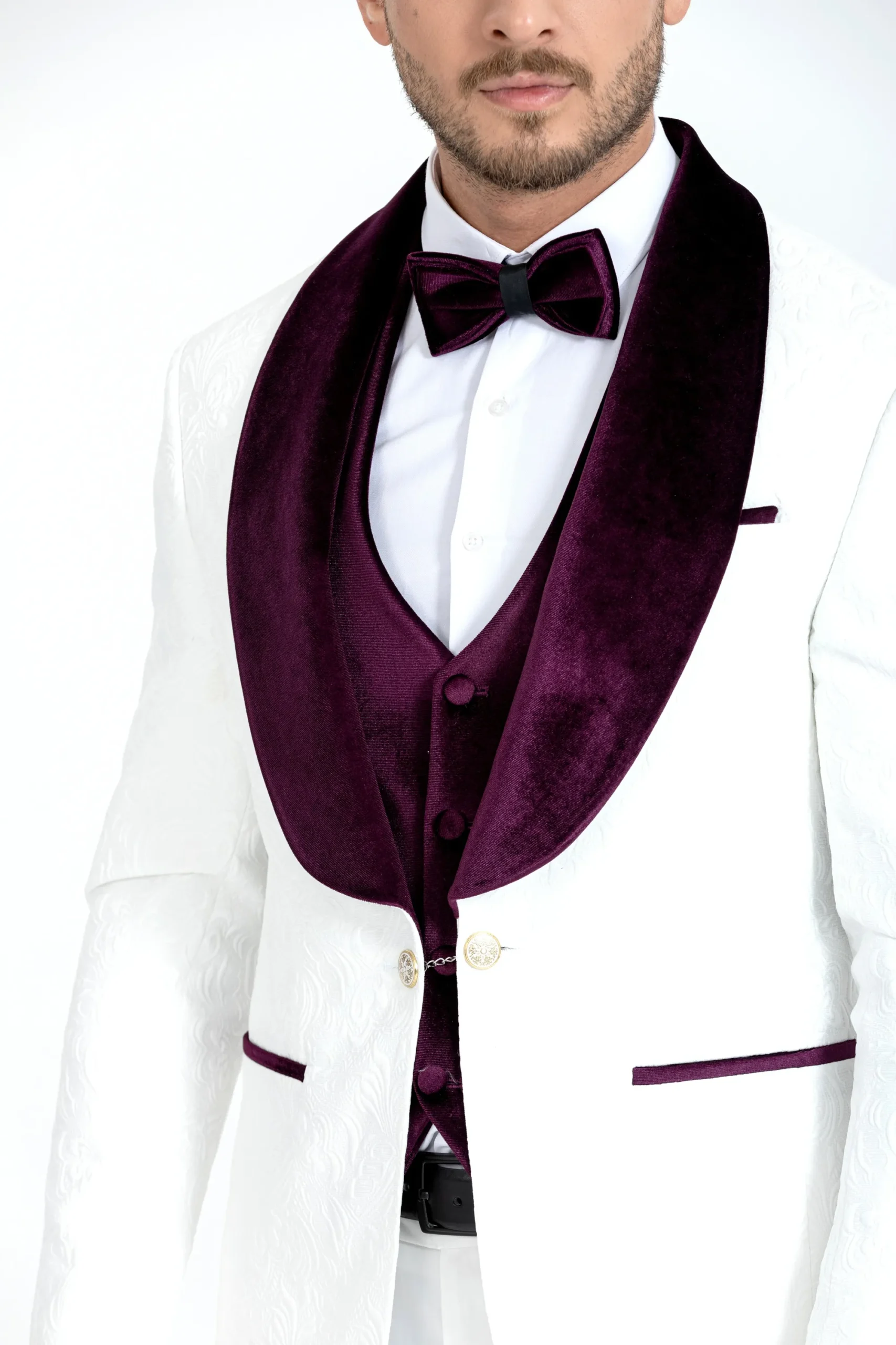 Burgundy Luxury Floral Textured Velvet Collar Three Piece Tuxedo