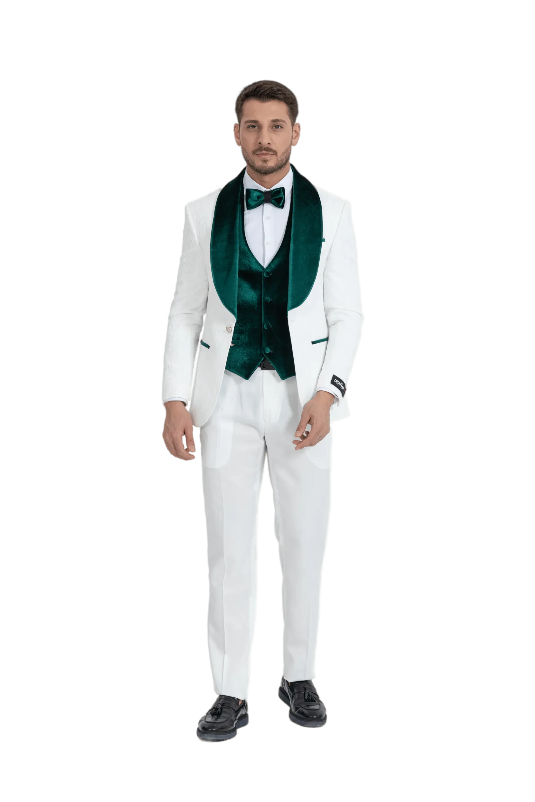 Green Luxury Floral Textured Velvet Collar Three Piece Tuxedo