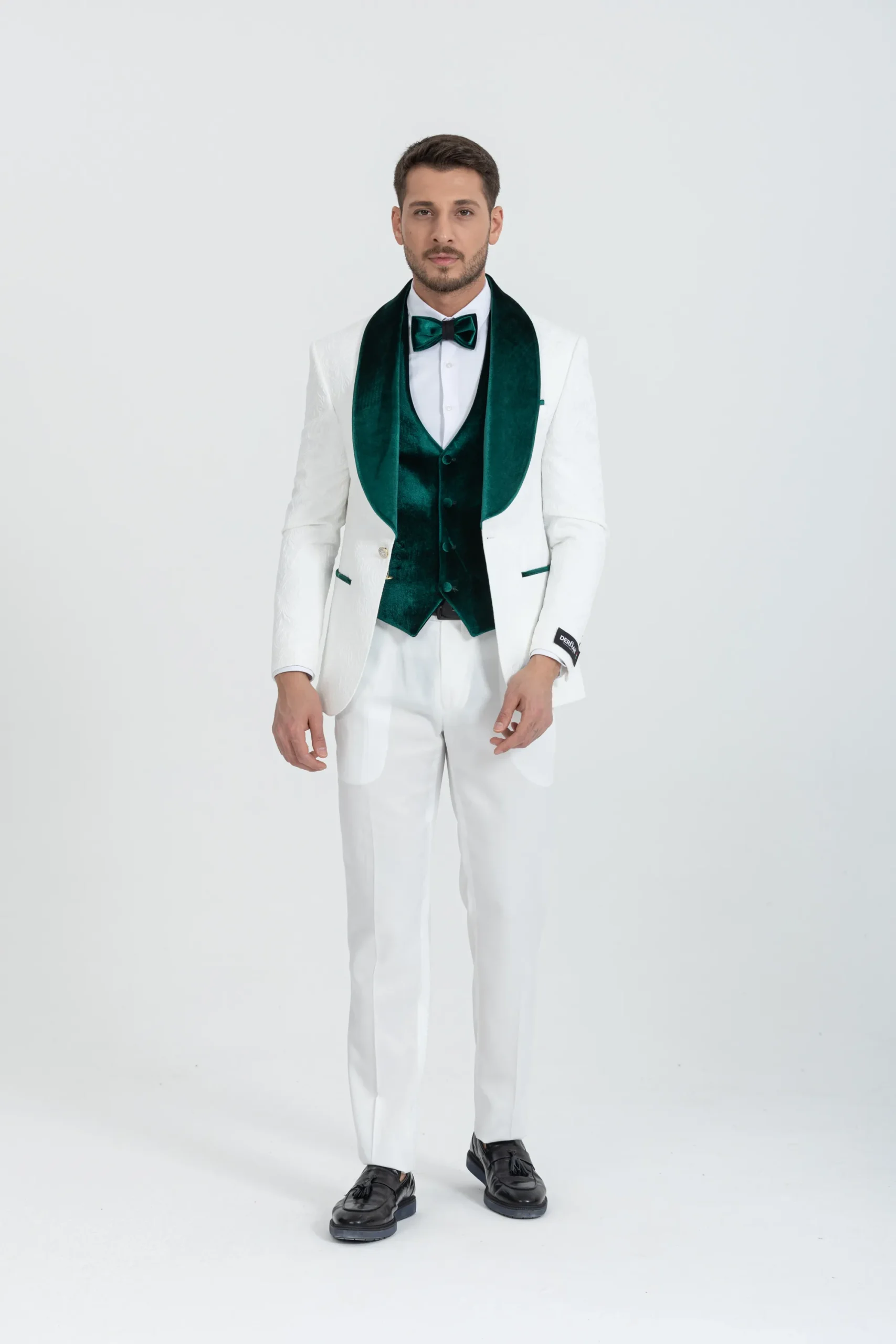 Green Luxury Floral Textured Velvet Collar Three Piece Tuxedo