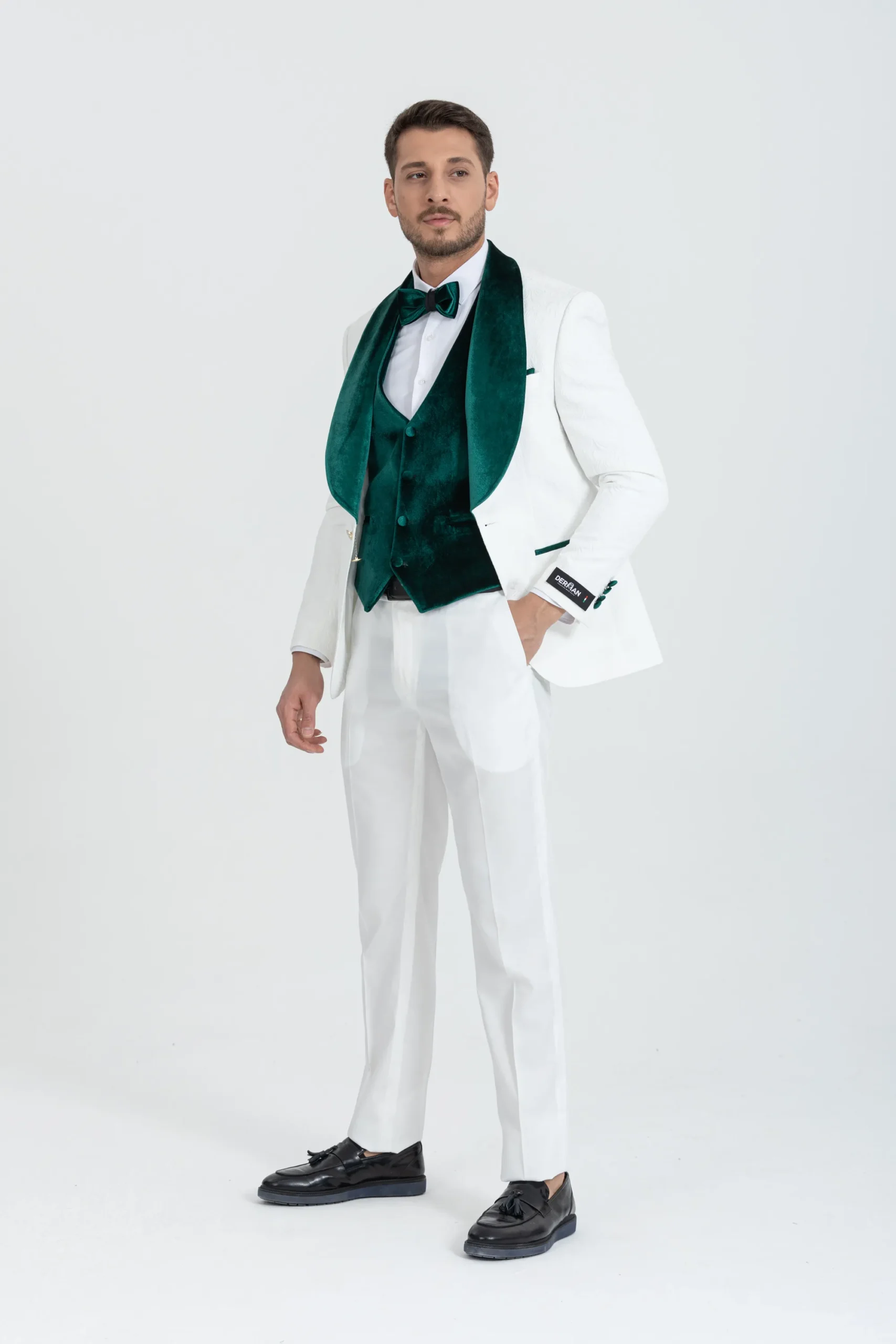 Green Luxury Floral Textured Velvet Collar Three Piece Tuxedo