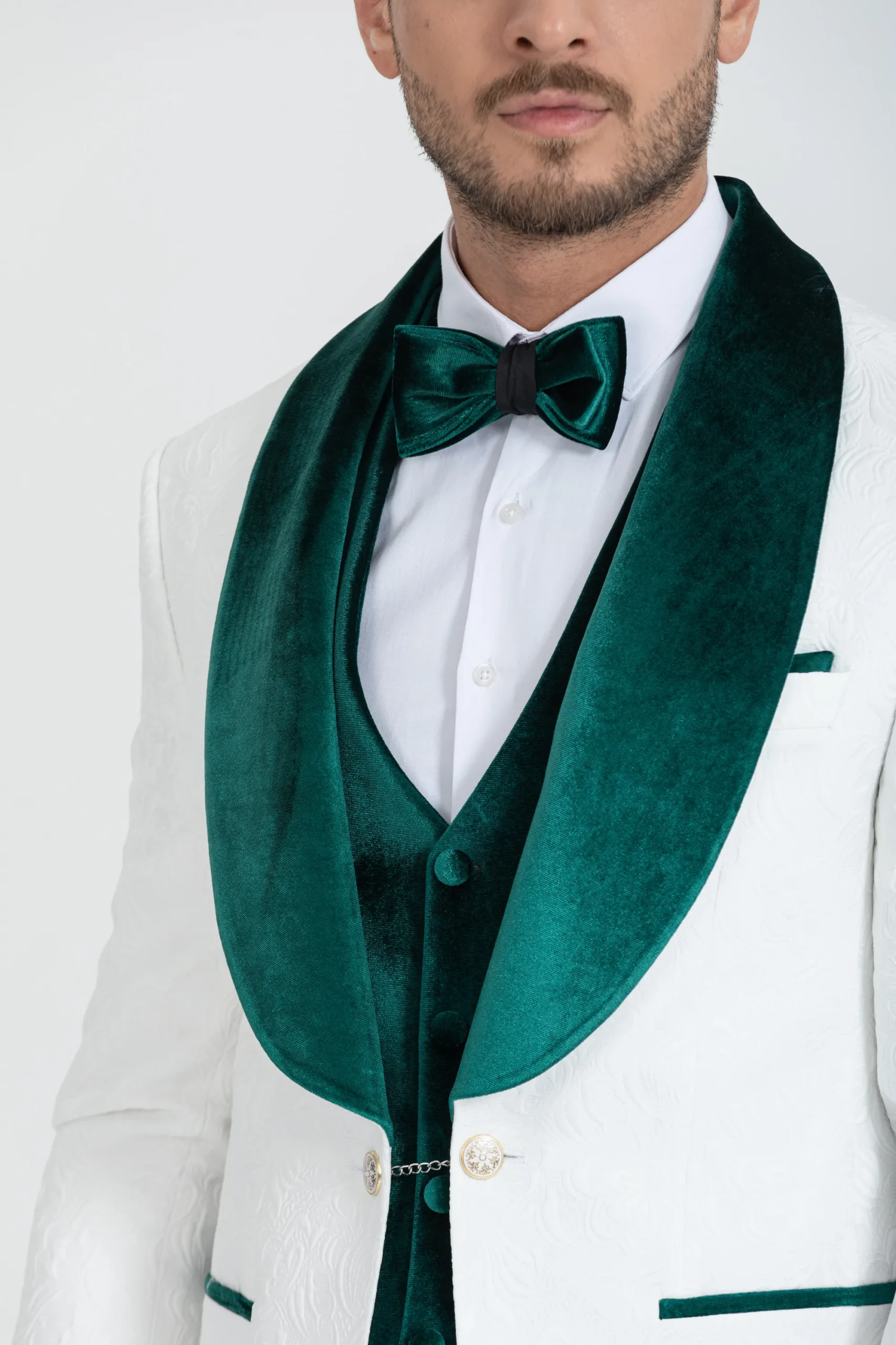 Green Luxury Floral Textured Velvet Collar Three Piece Tuxedo